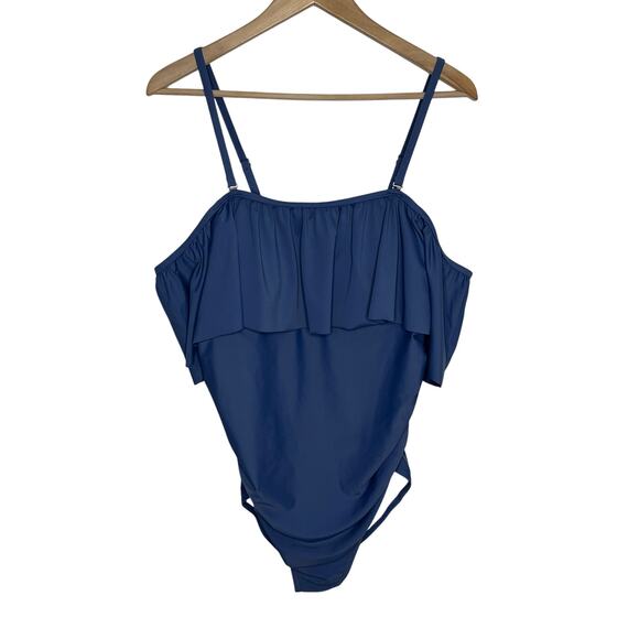 Pink Blush Womens One Piece Swimsuit 1X Blue Ruffle Trim Ruched Maternity - Picture 3 of 13